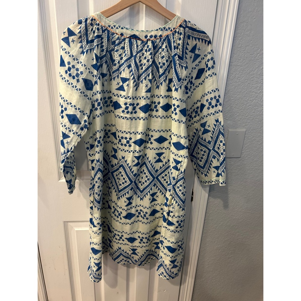 Dolma Womens Blue White Geometric Tribal Print Tassel Tie Boho Tunic Dress Large - Picture 6 of 7